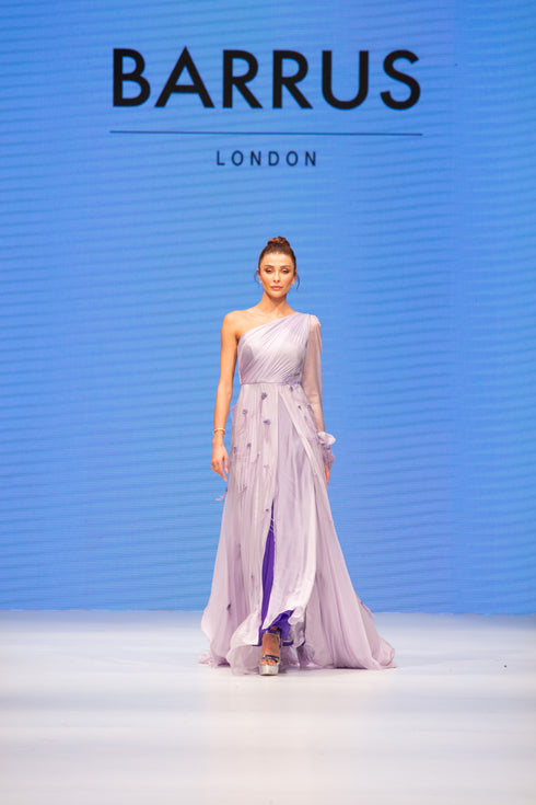 SILK ONE SLEEVE DRESS WITH SPREADING INLAID DETAIL - Barrus London